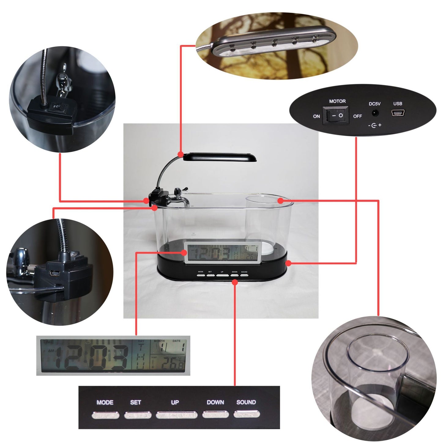 Mini Aquarium de Bureau USB Multifonction – Horloge, Réveil, Thermomètre et Porte-Stylo