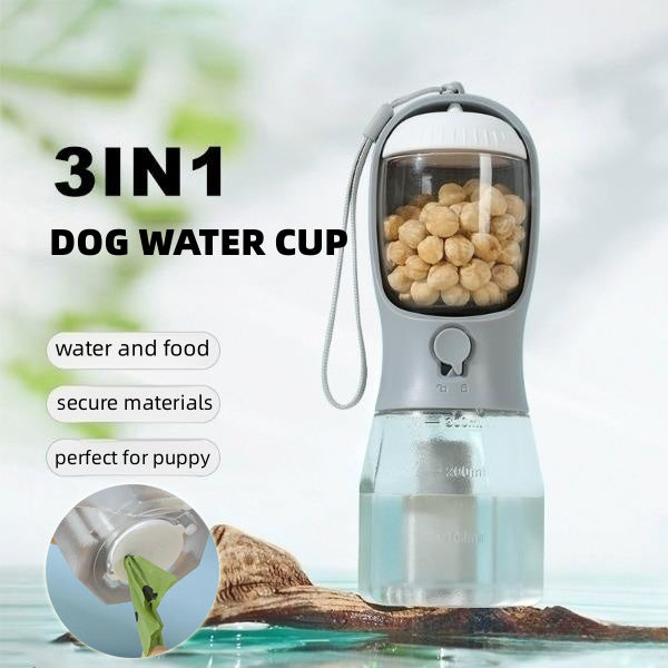 Bouteille multifonctionnel pour chien 3 en 1 (nourriture, eau, sacs a déchets)