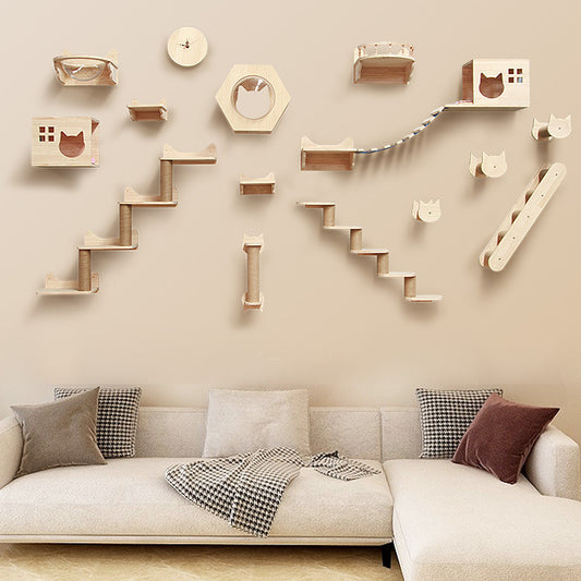 Arbre à Chat Mural en Bois Massif – Étagère et Échelle Murale Design