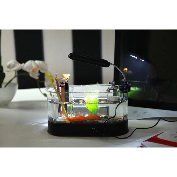 Mini Aquarium de Bureau USB Multifonction – Horloge, Réveil, Thermomètre et Porte-Stylo
