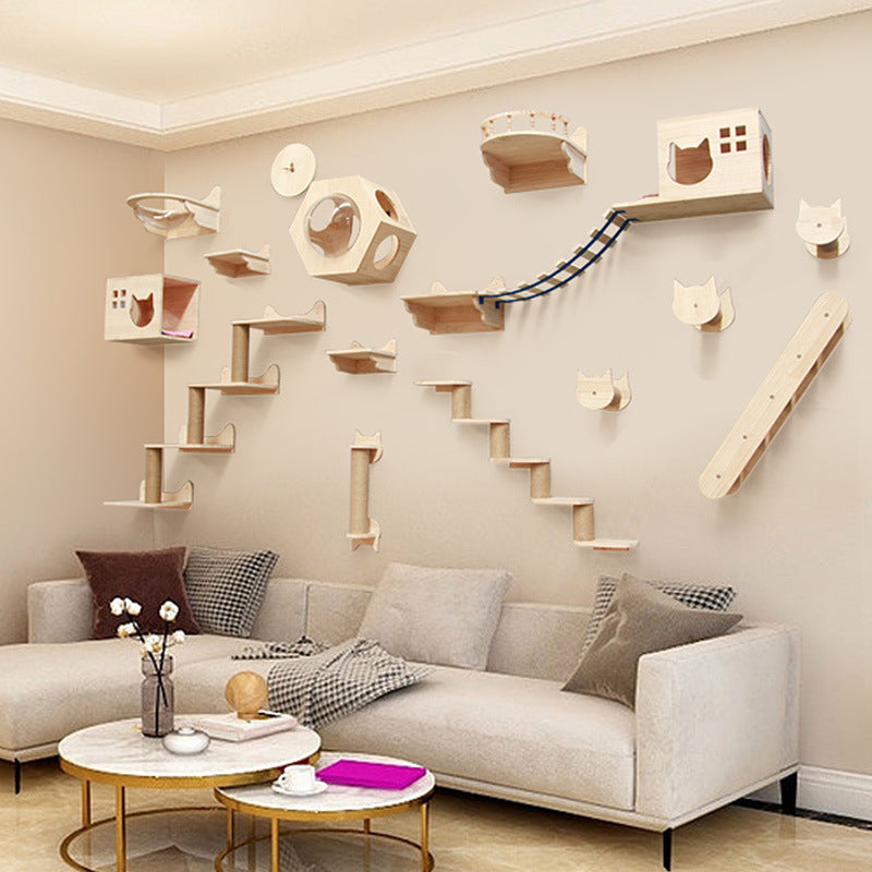 Arbre à Chat Mural en Bois Massif – Étagère et Échelle Murale Design