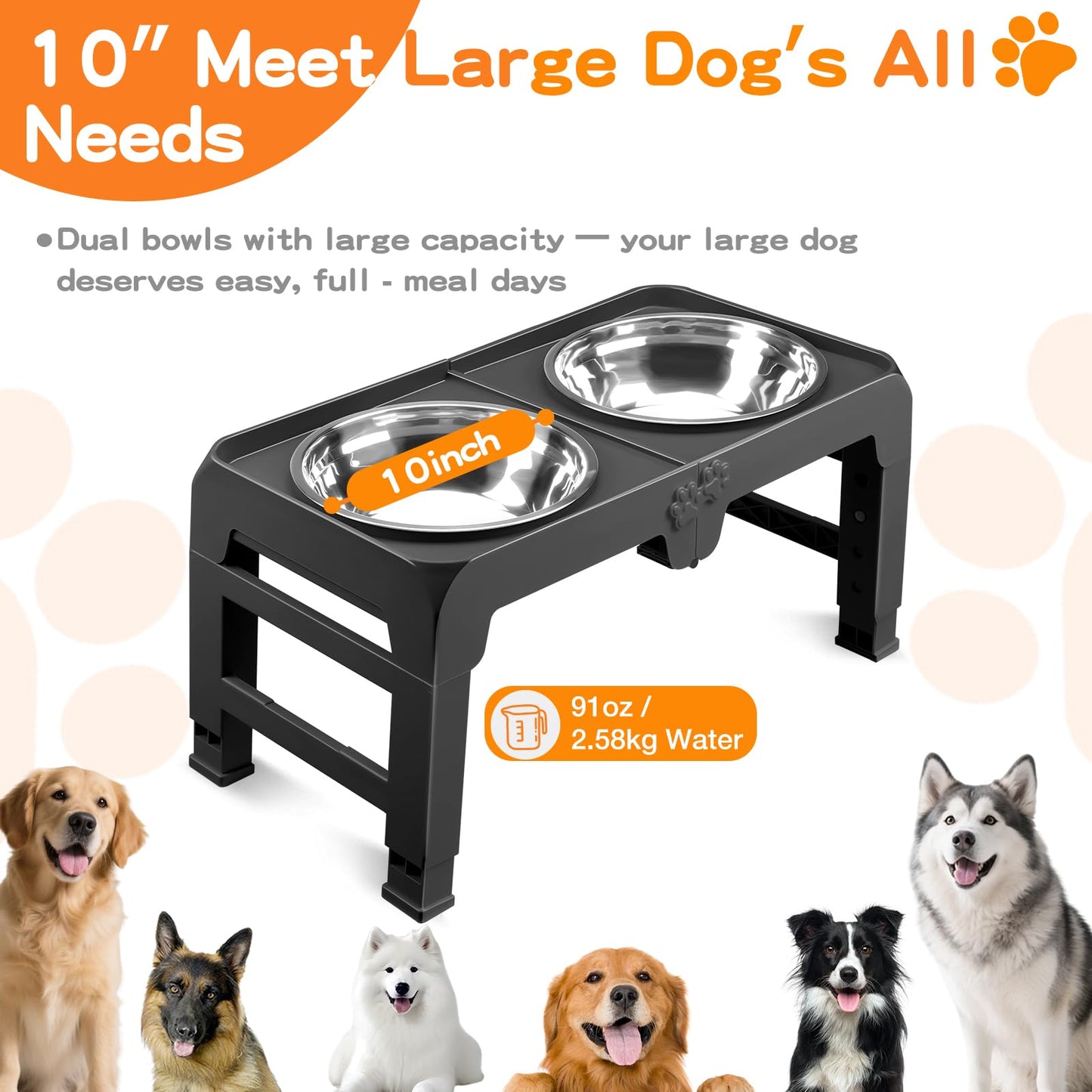 Bol Surélevé Ajustable COMESOON pour Chiens – 4 Hauteurs Réglables avec 2 Bols en Acier Inoxydable de 1,5 L (50 oz)