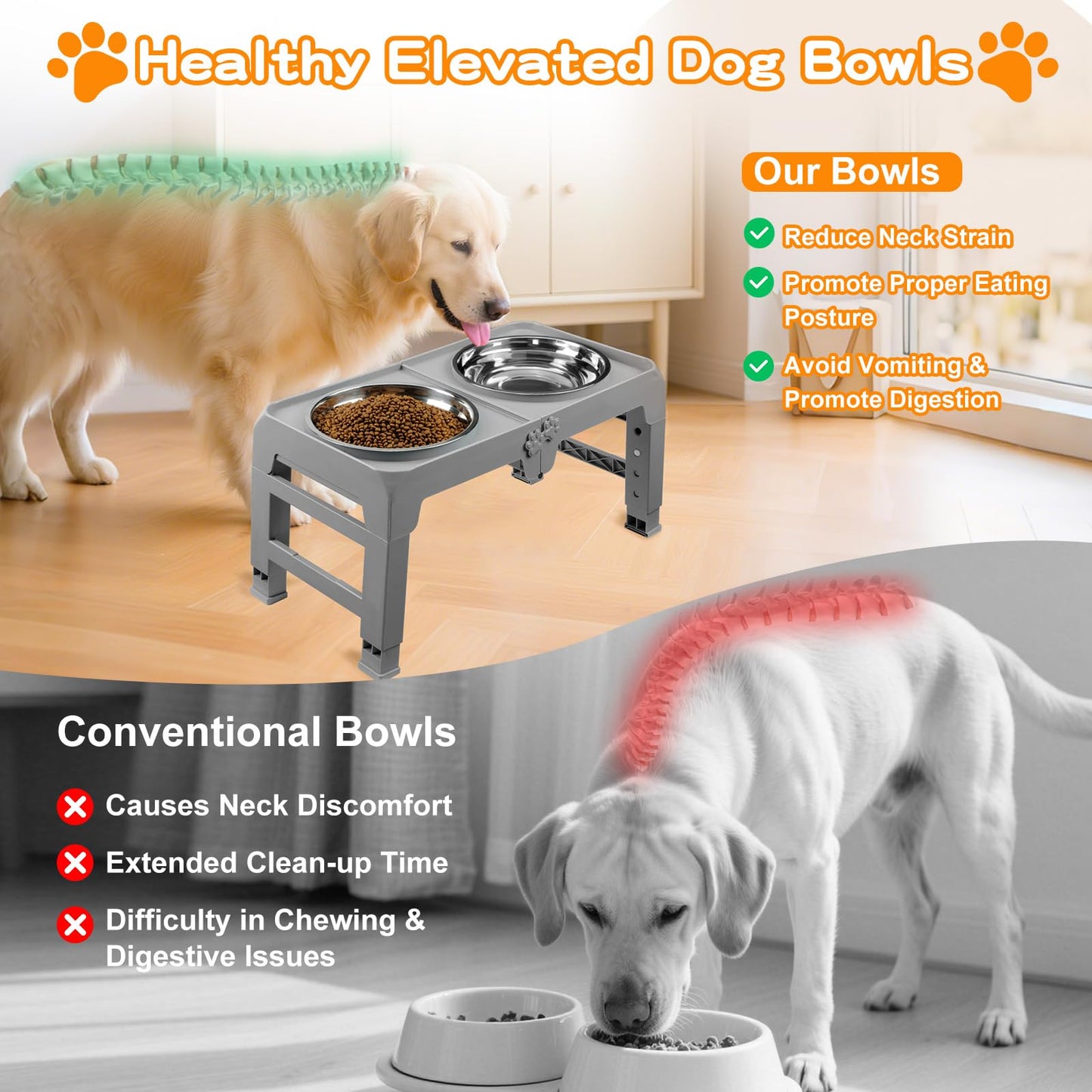 Bol Surélevé Ajustable COMESOON pour Chiens – 4 Hauteurs Réglables avec 2 Bols en Acier Inoxydable de 1,5 L (50 oz)