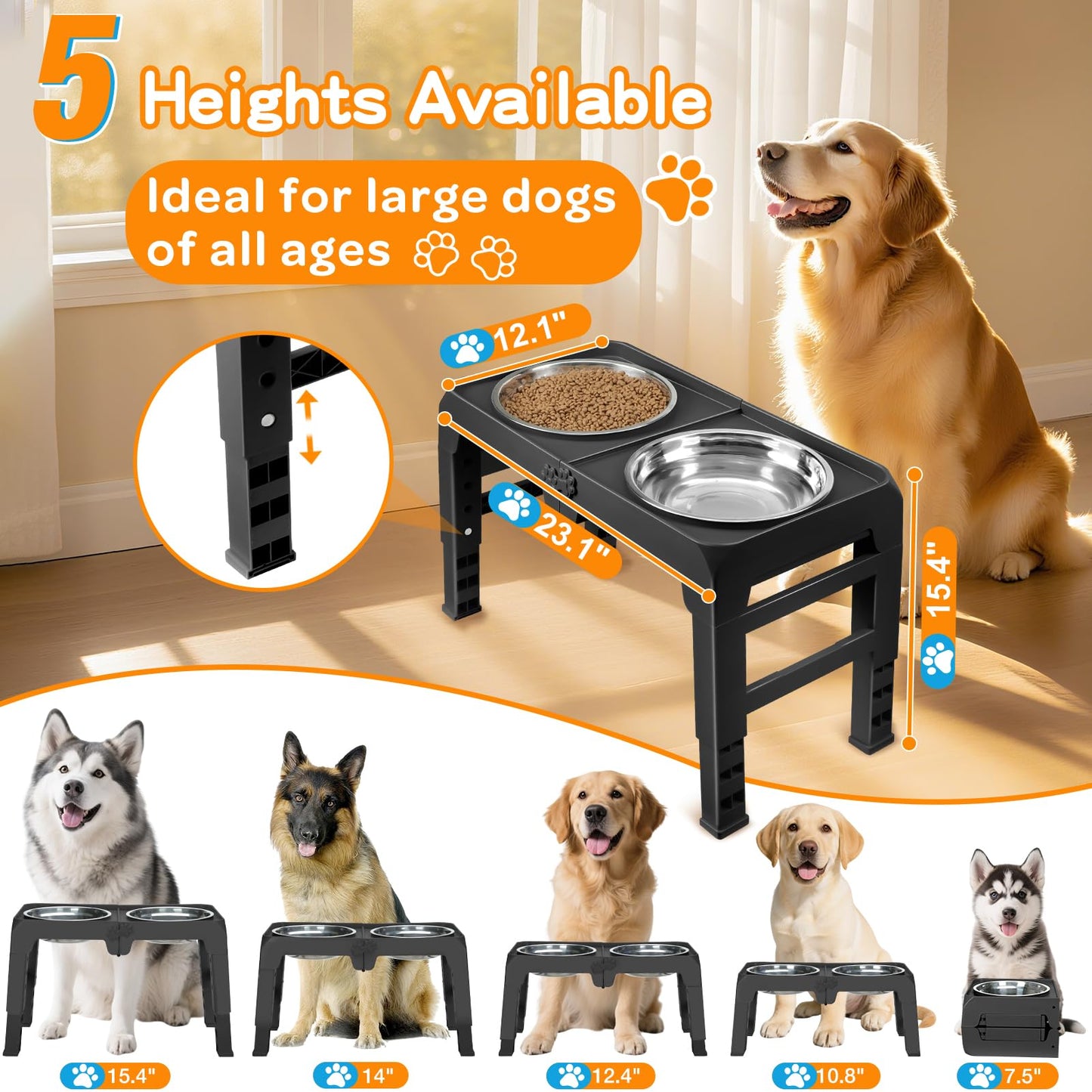 Bol Surélevé Ajustable COMESOON pour Chiens – 4 Hauteurs Réglables avec 2 Bols en Acier Inoxydable de 1,5 L (50 oz)