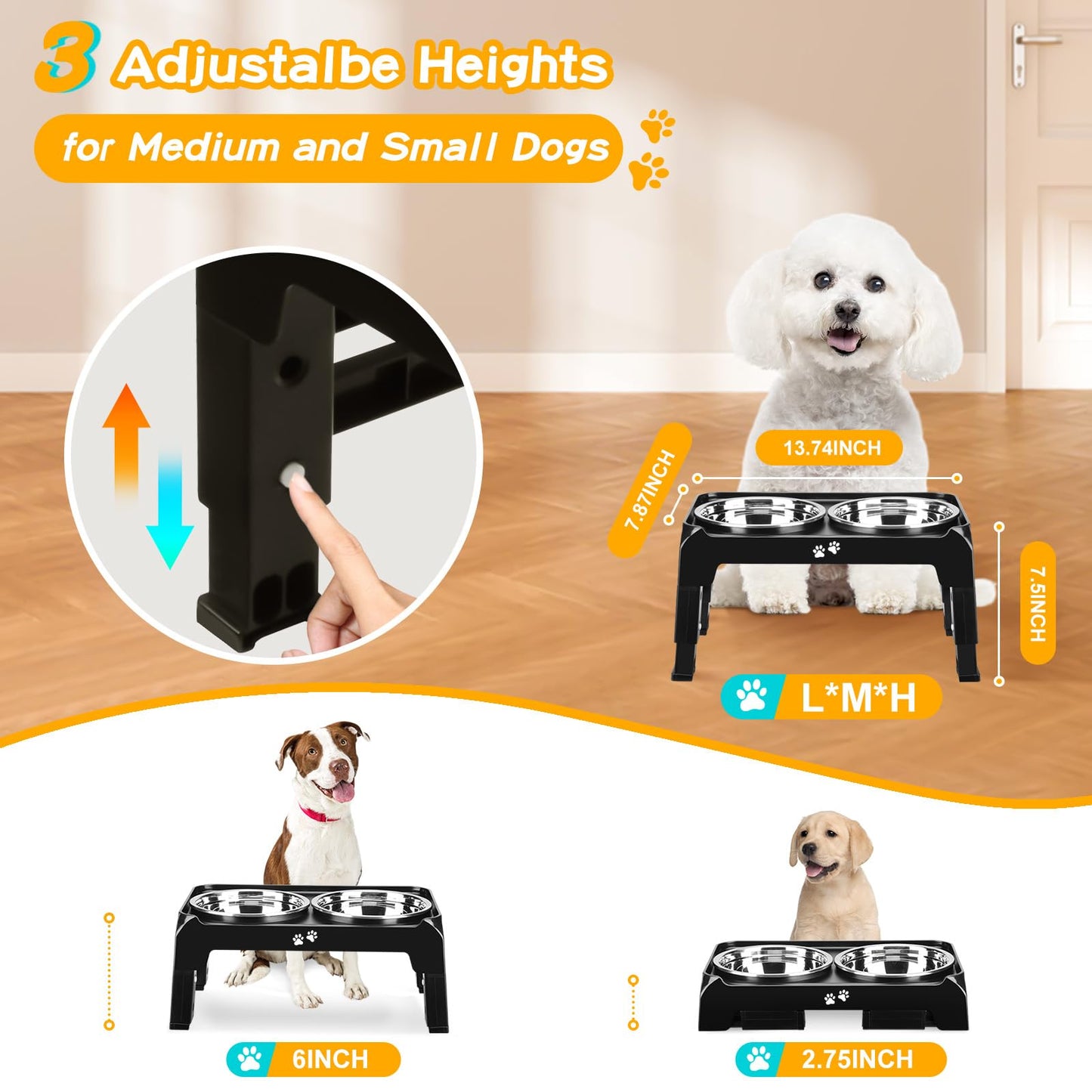 Bol Surélevé Ajustable COMESOON pour Chiens – 4 Hauteurs Réglables avec 2 Bols en Acier Inoxydable de 1,5 L (50 oz)