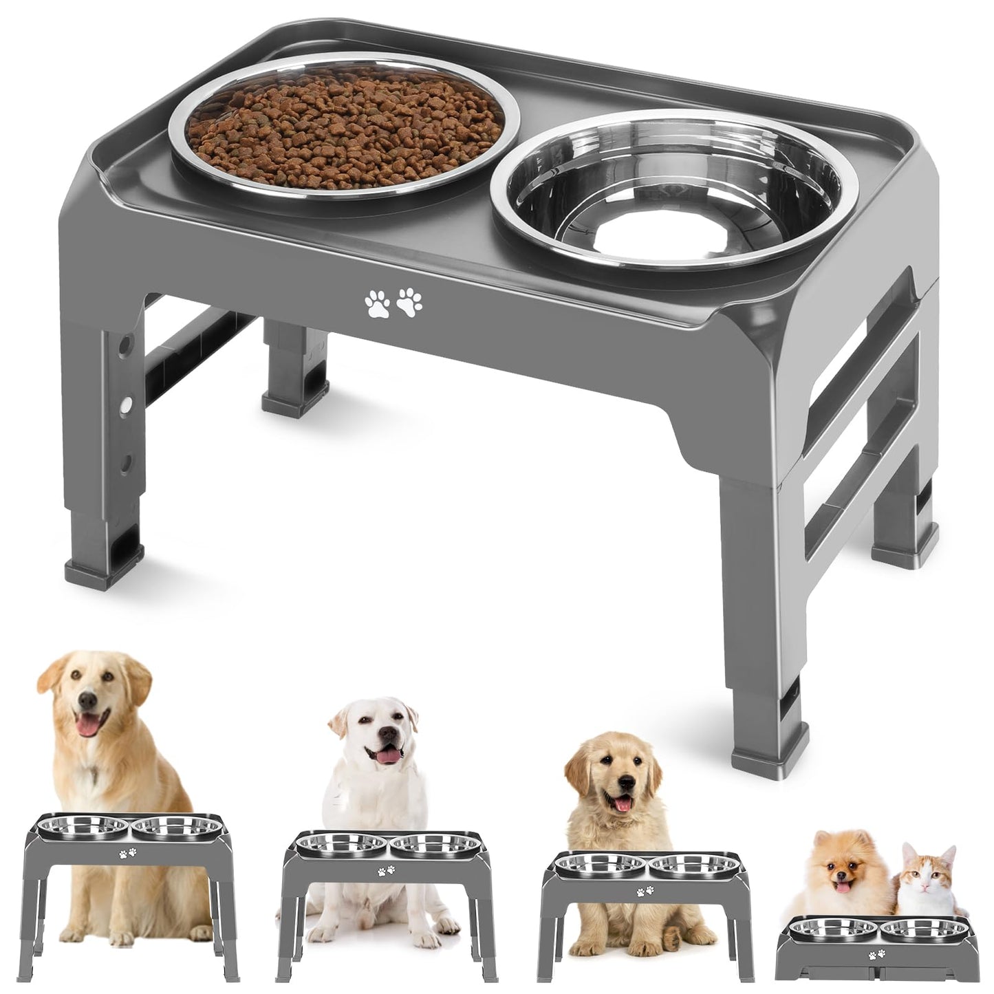 Bol Surélevé Ajustable COMESOON pour Chiens – 4 Hauteurs Réglables avec 2 Bols en Acier Inoxydable de 1,5 L (50 oz)