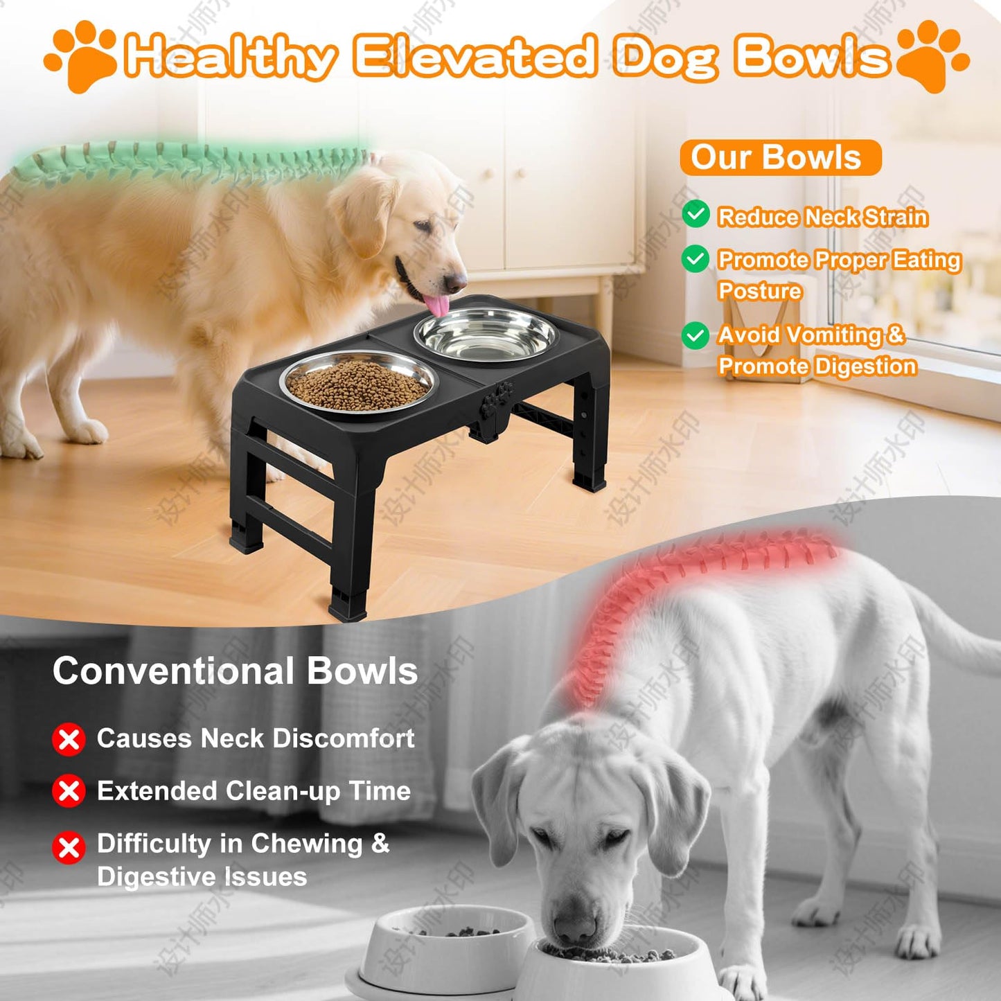 Bol Surélevé Ajustable COMESOON pour Chiens – 4 Hauteurs Réglables avec 2 Bols en Acier Inoxydable de 1,5 L (50 oz)