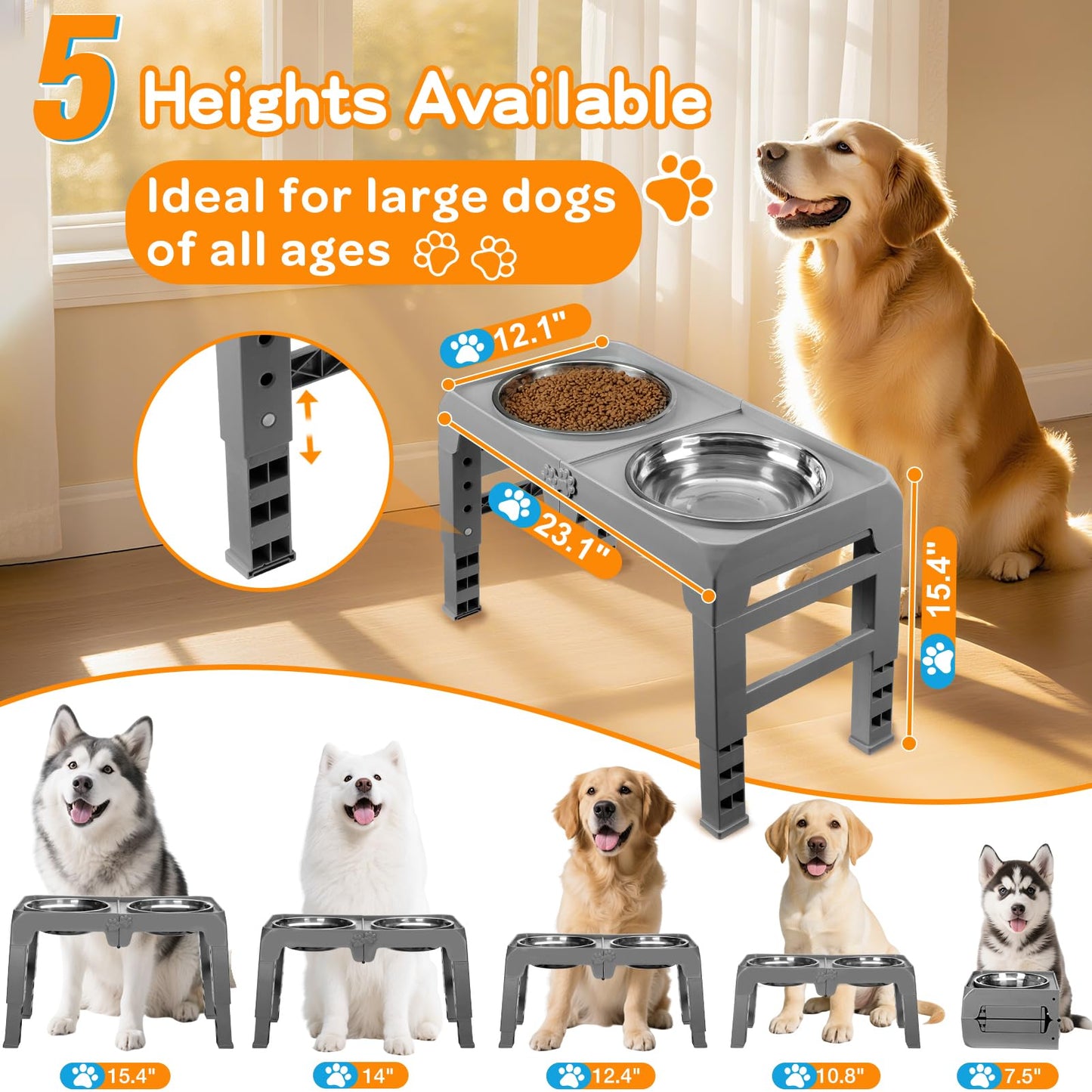 Bol Surélevé Ajustable COMESOON pour Chiens – 4 Hauteurs Réglables avec 2 Bols en Acier Inoxydable de 1,5 L (50 oz)