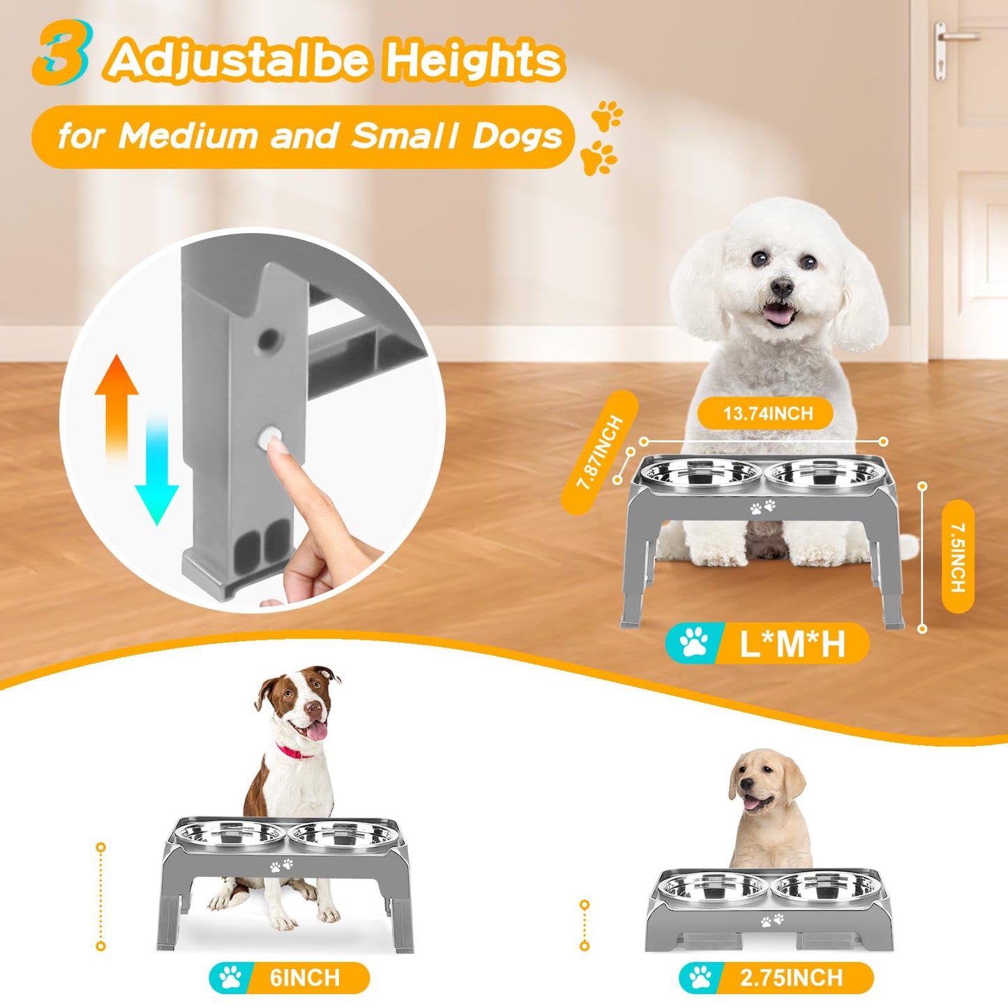 Bol Surélevé Ajustable COMESOON pour Chiens – 4 Hauteurs Réglables avec 2 Bols en Acier Inoxydable de 1,5 L (50 oz)