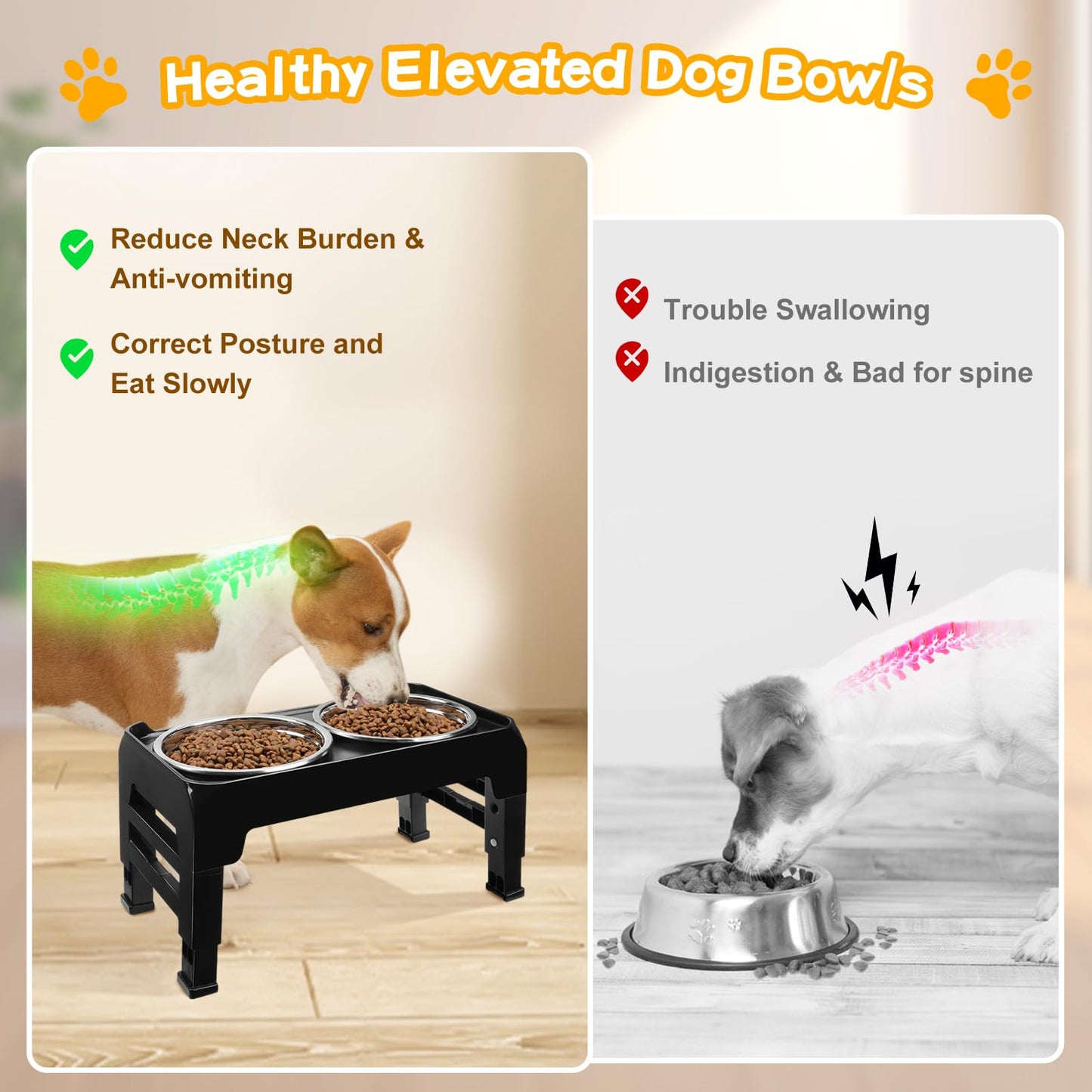 Bol Surélevé Ajustable COMESOON pour Chiens – 4 Hauteurs Réglables avec 2 Bols en Acier Inoxydable de 1,5 L (50 oz)