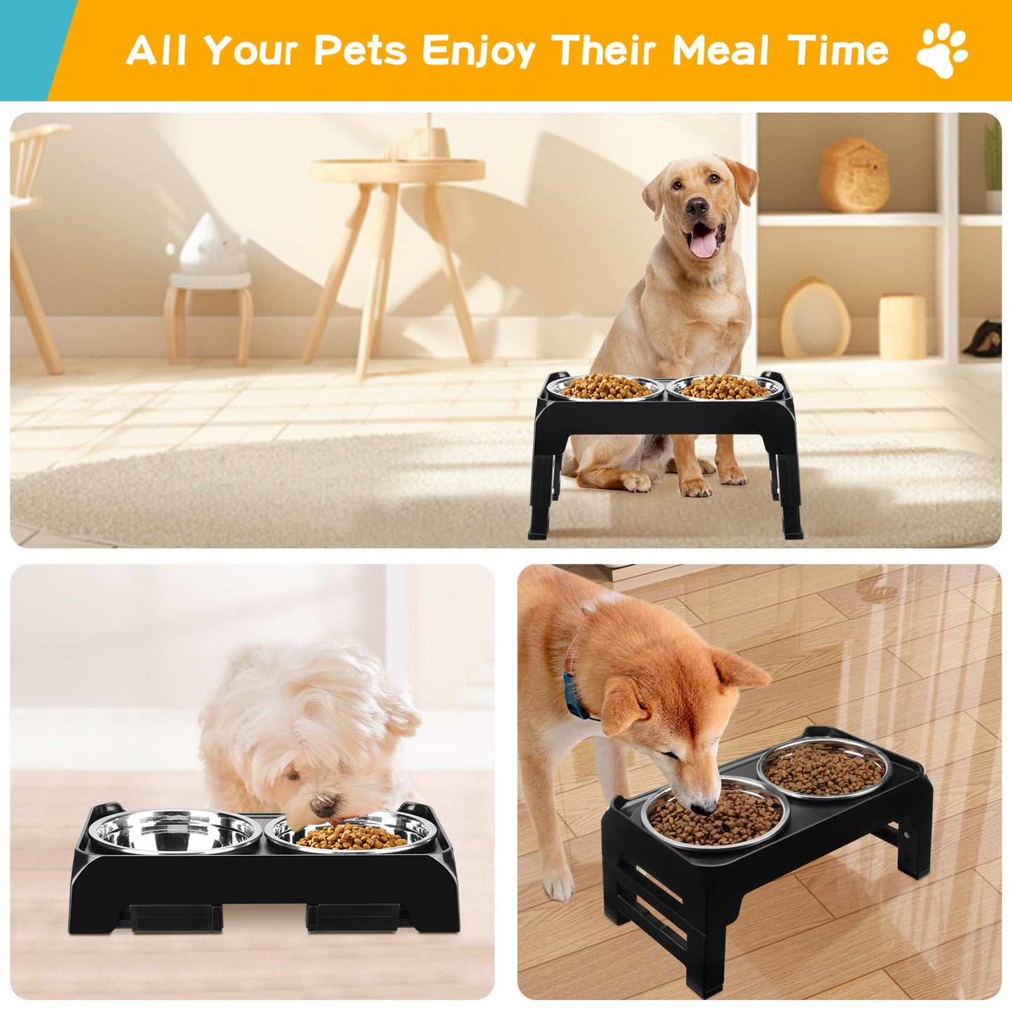 Bol Surélevé Ajustable COMESOON pour Chiens – 4 Hauteurs Réglables avec 2 Bols en Acier Inoxydable de 1,5 L (50 oz)