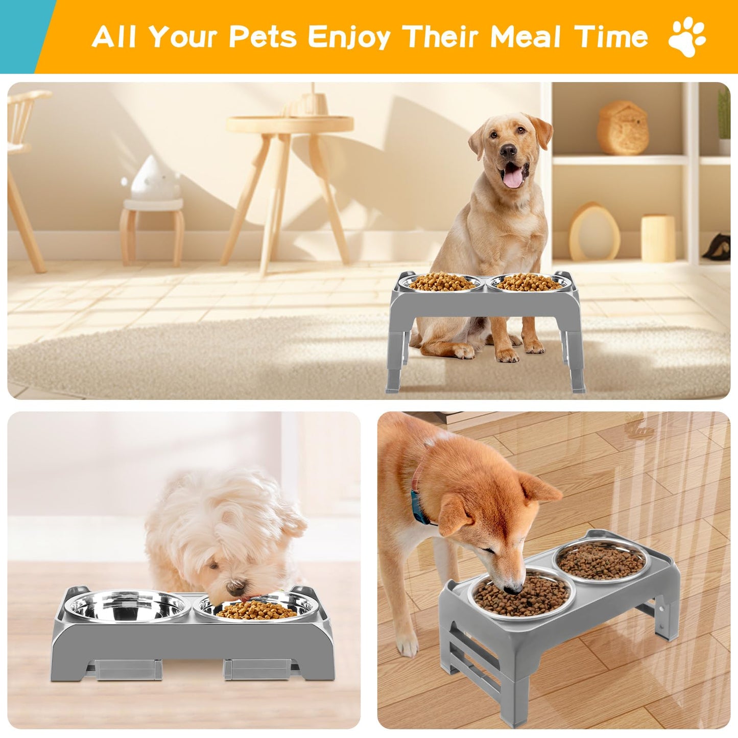 Bol Surélevé Ajustable COMESOON pour Chiens – 4 Hauteurs Réglables avec 2 Bols en Acier Inoxydable de 1,5 L (50 oz)
