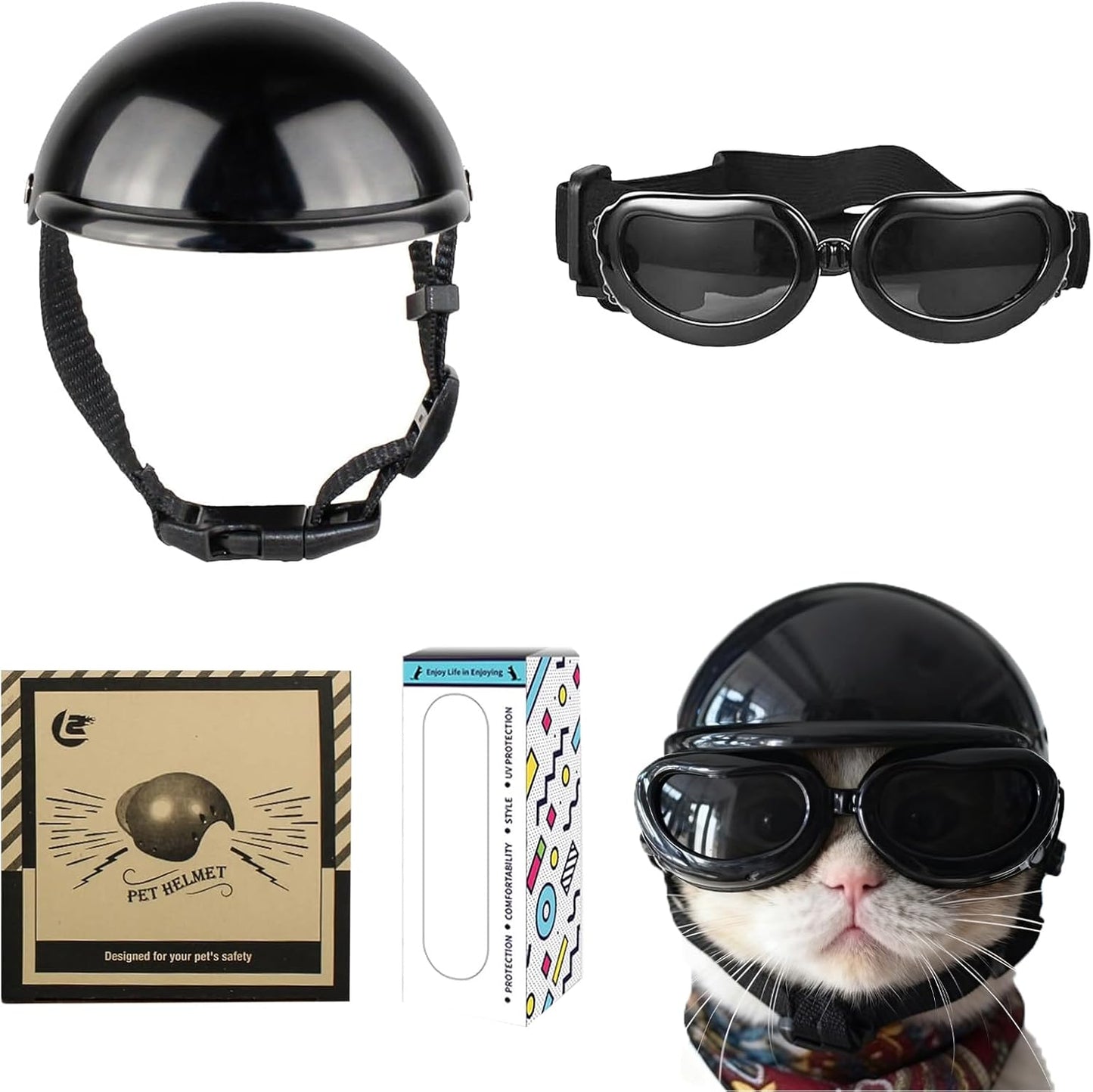 Ensemble Casque et Lunettes de Protection PACIOCEAN pour Petit Chien et Chat – Protection UV Ajustable (Taille S)