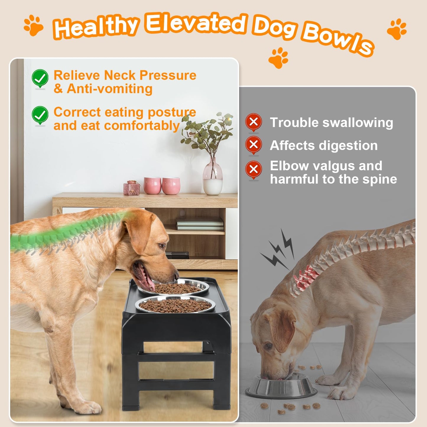 Bol Surélevé Ajustable COMESOON pour Chiens – 4 Hauteurs Réglables avec 2 Bols en Acier Inoxydable de 1,5 L (50 oz)