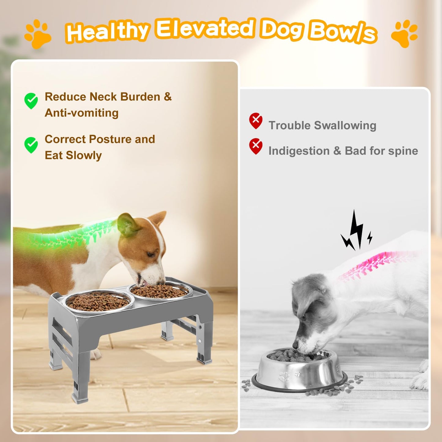 Bol Surélevé Ajustable COMESOON pour Chiens – 4 Hauteurs Réglables avec 2 Bols en Acier Inoxydable de 1,5 L (50 oz)