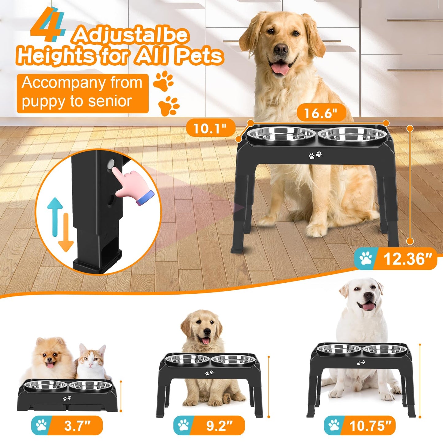Bol Surélevé Ajustable COMESOON pour Chiens – 4 Hauteurs Réglables avec 2 Bols en Acier Inoxydable de 1,5 L (50 oz)