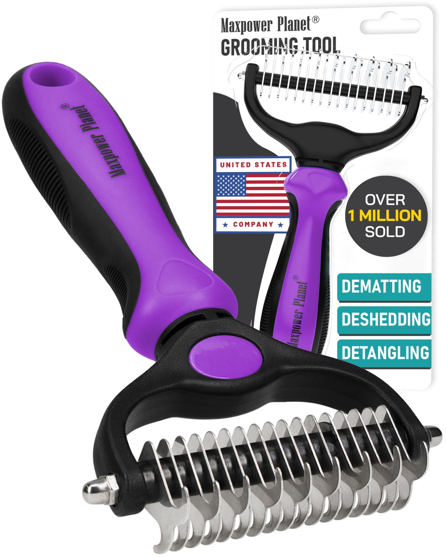 Brosse de Toilettage Maxpower Planet pour Animaux – Double Face Démêlante et Anti-Mue (Bleu, Grande Taille)