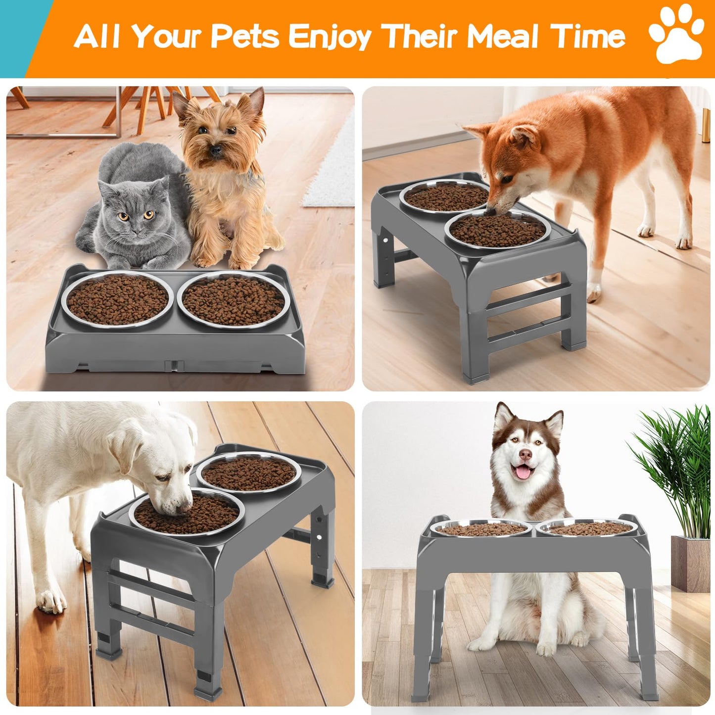 Bol Surélevé Ajustable COMESOON pour Chiens – 4 Hauteurs Réglables avec 2 Bols en Acier Inoxydable de 1,5 L (50 oz)