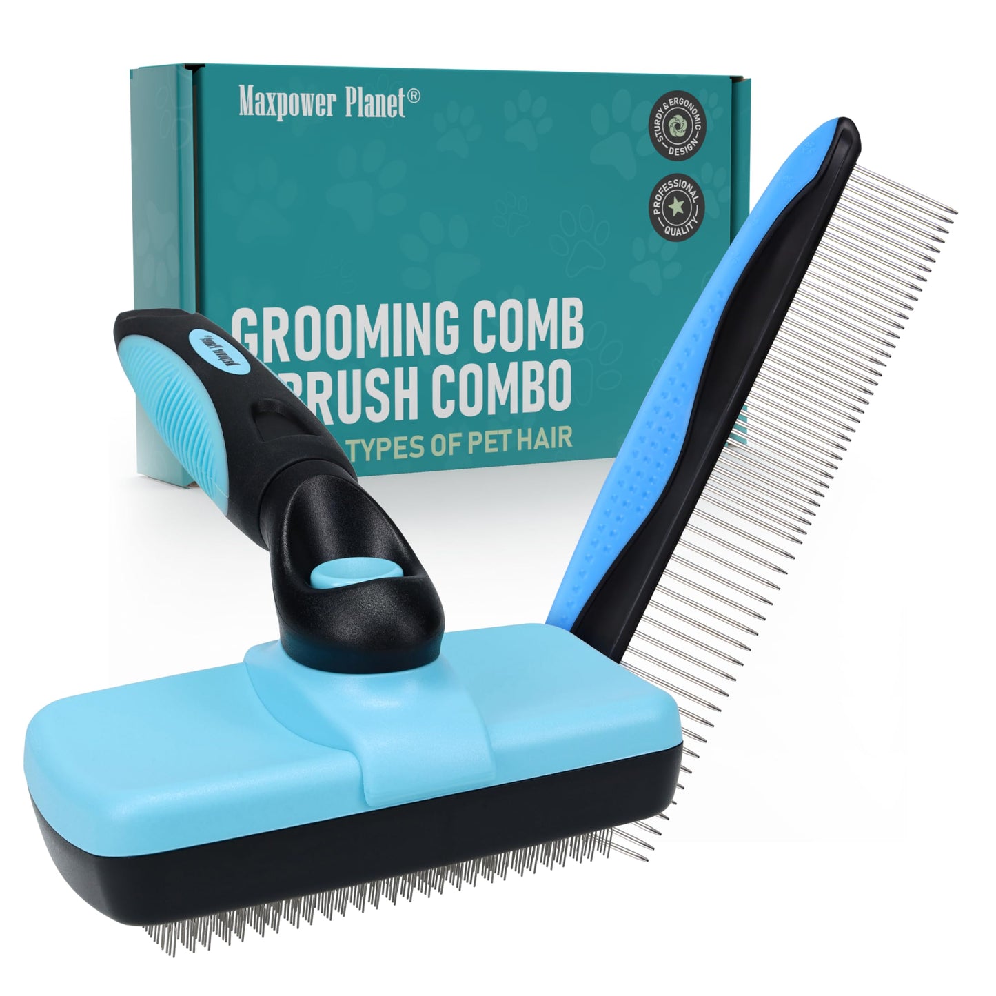 Brosse de Toilettage Maxpower Planet pour Animaux – Double Face Démêlante et Anti-Mue (Bleu, Grande Taille)
