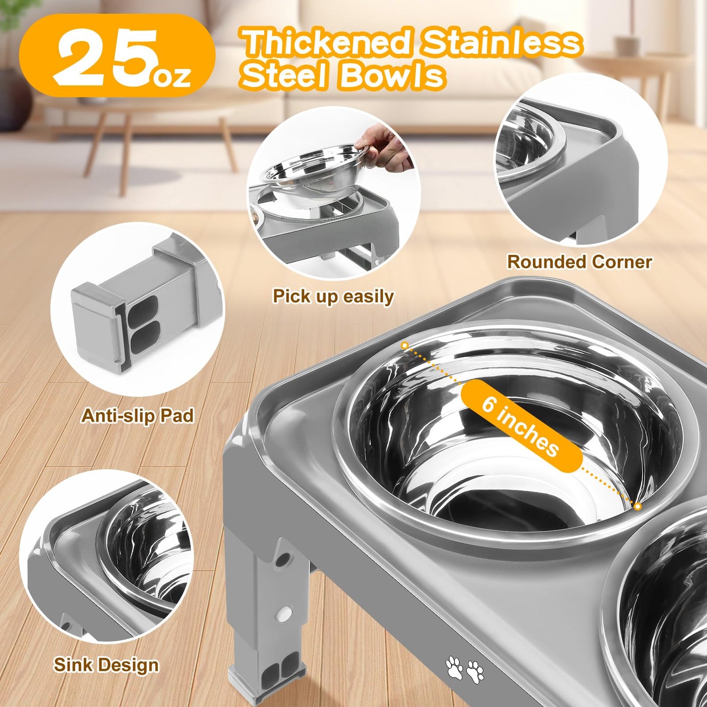 Bol Surélevé Ajustable COMESOON pour Chiens – 4 Hauteurs Réglables avec 2 Bols en Acier Inoxydable de 1,5 L (50 oz)
