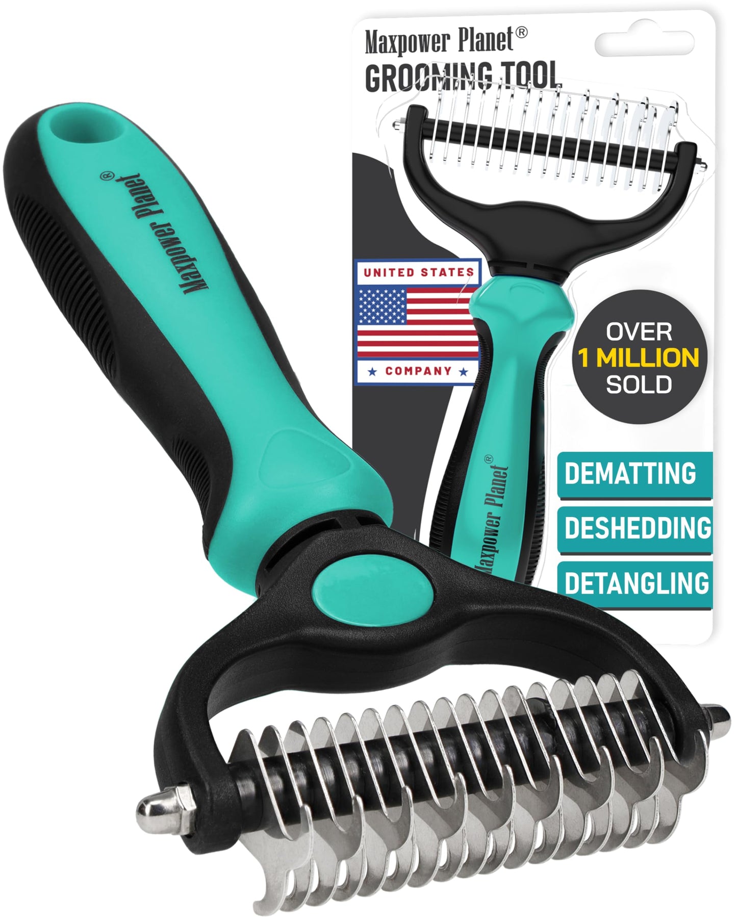 Brosse de Toilettage Maxpower Planet pour Animaux – Double Face Démêlante et Anti-Mue (Bleu, Grande Taille)