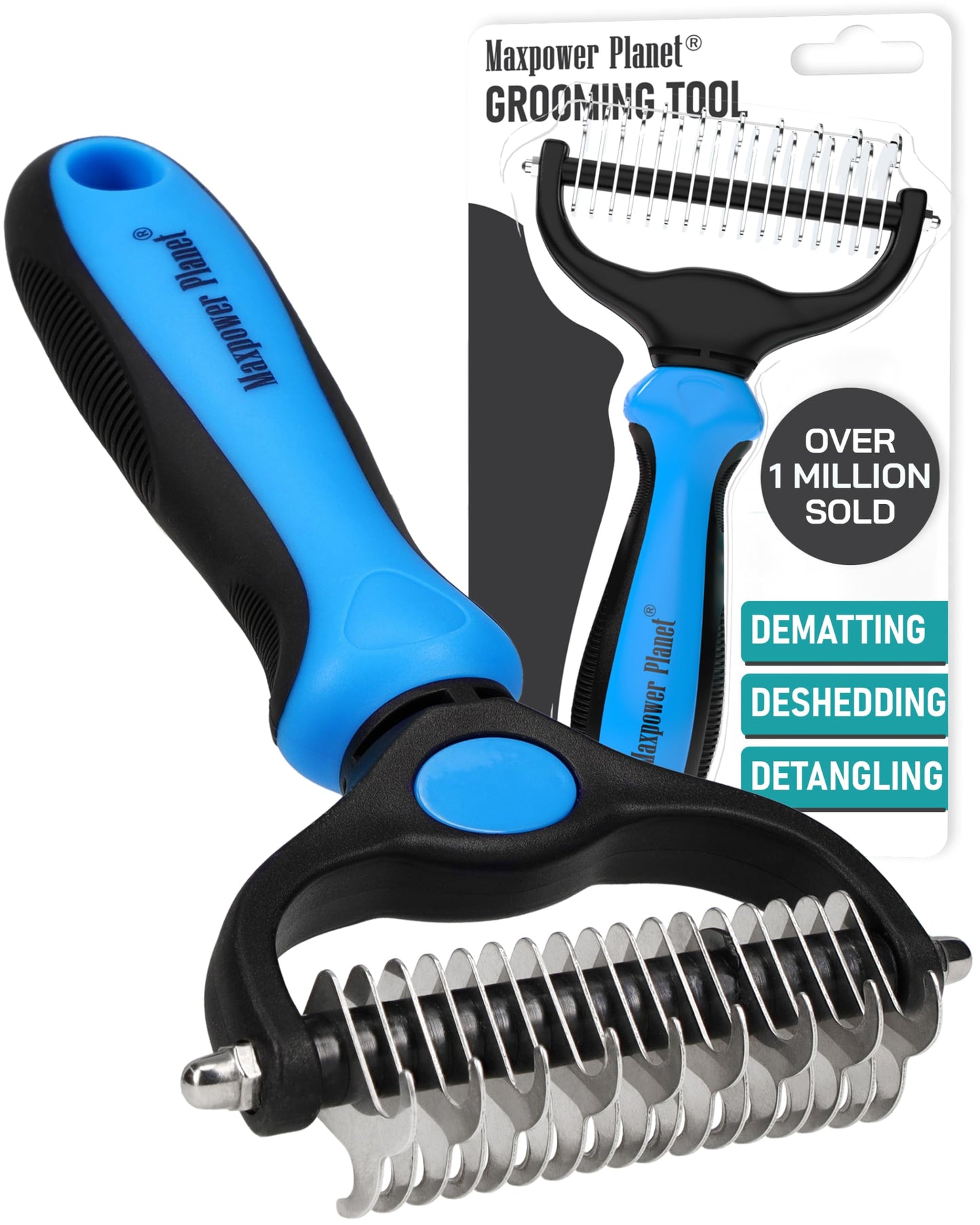 Brosse de Toilettage Maxpower Planet pour Animaux – Double Face Démêlante et Anti-Mue (Bleu, Grande Taille)