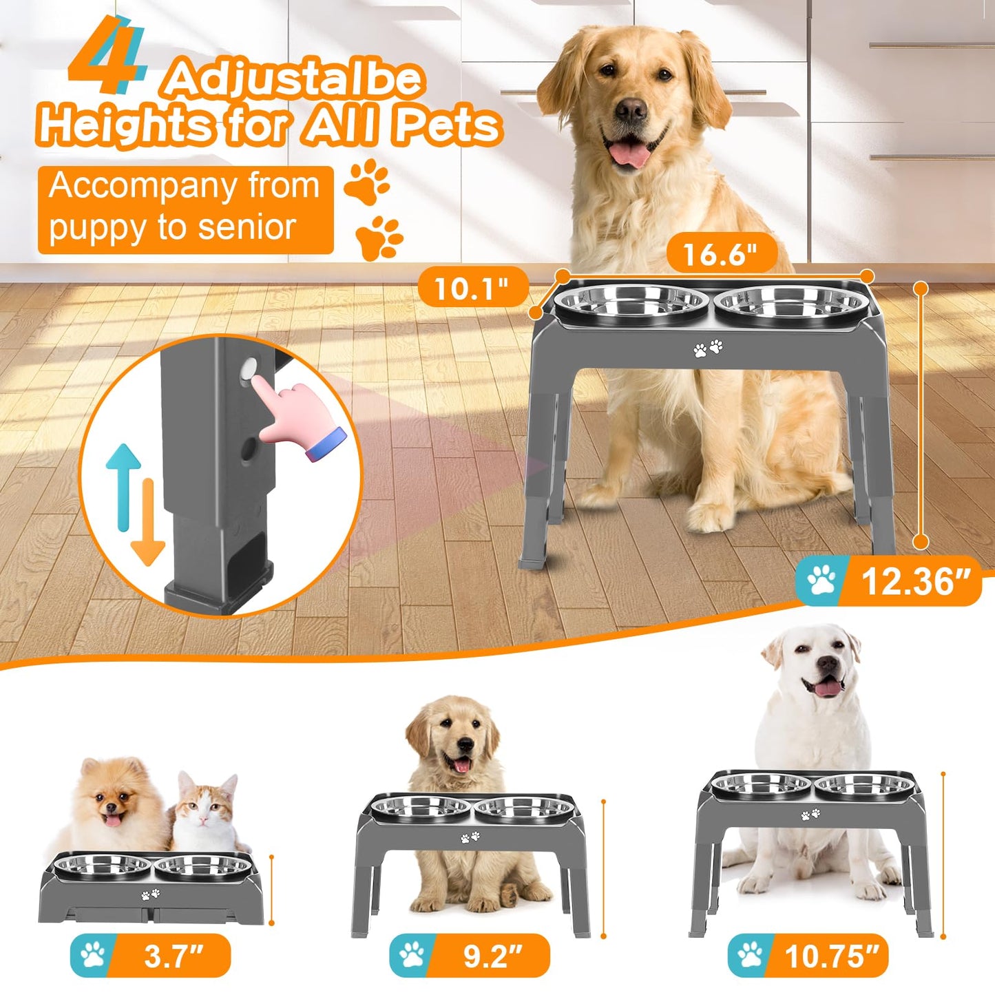 Bol Surélevé Ajustable COMESOON pour Chiens – 4 Hauteurs Réglables avec 2 Bols en Acier Inoxydable de 1,5 L (50 oz)