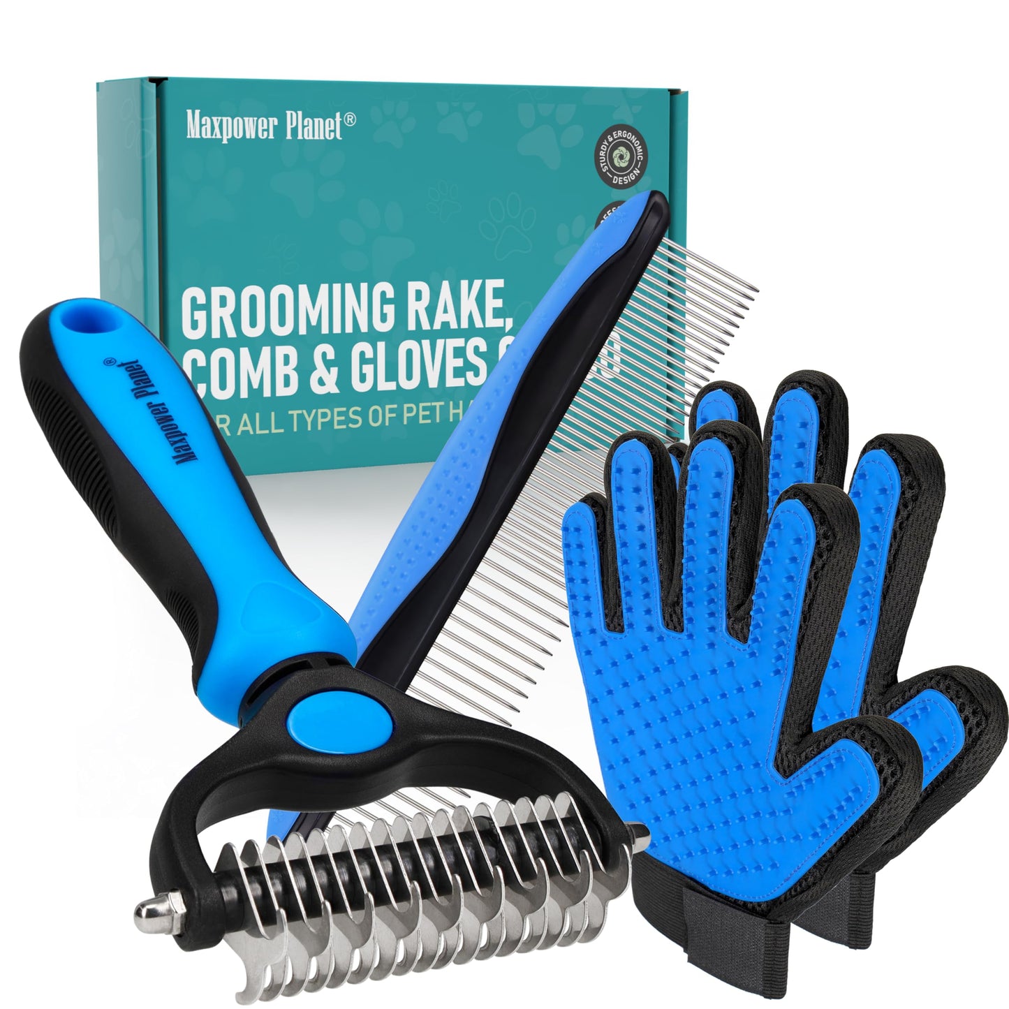 Brosse de Toilettage Maxpower Planet pour Animaux – Double Face Démêlante et Anti-Mue (Bleu, Grande Taille)