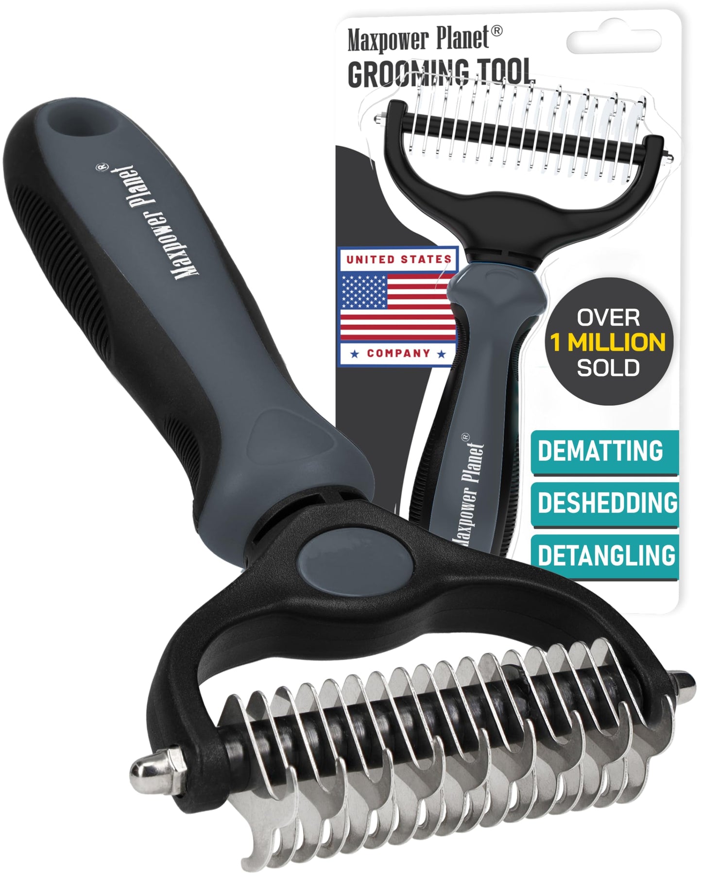 Brosse de Toilettage Maxpower Planet pour Animaux – Double Face Démêlante et Anti-Mue (Bleu, Grande Taille)