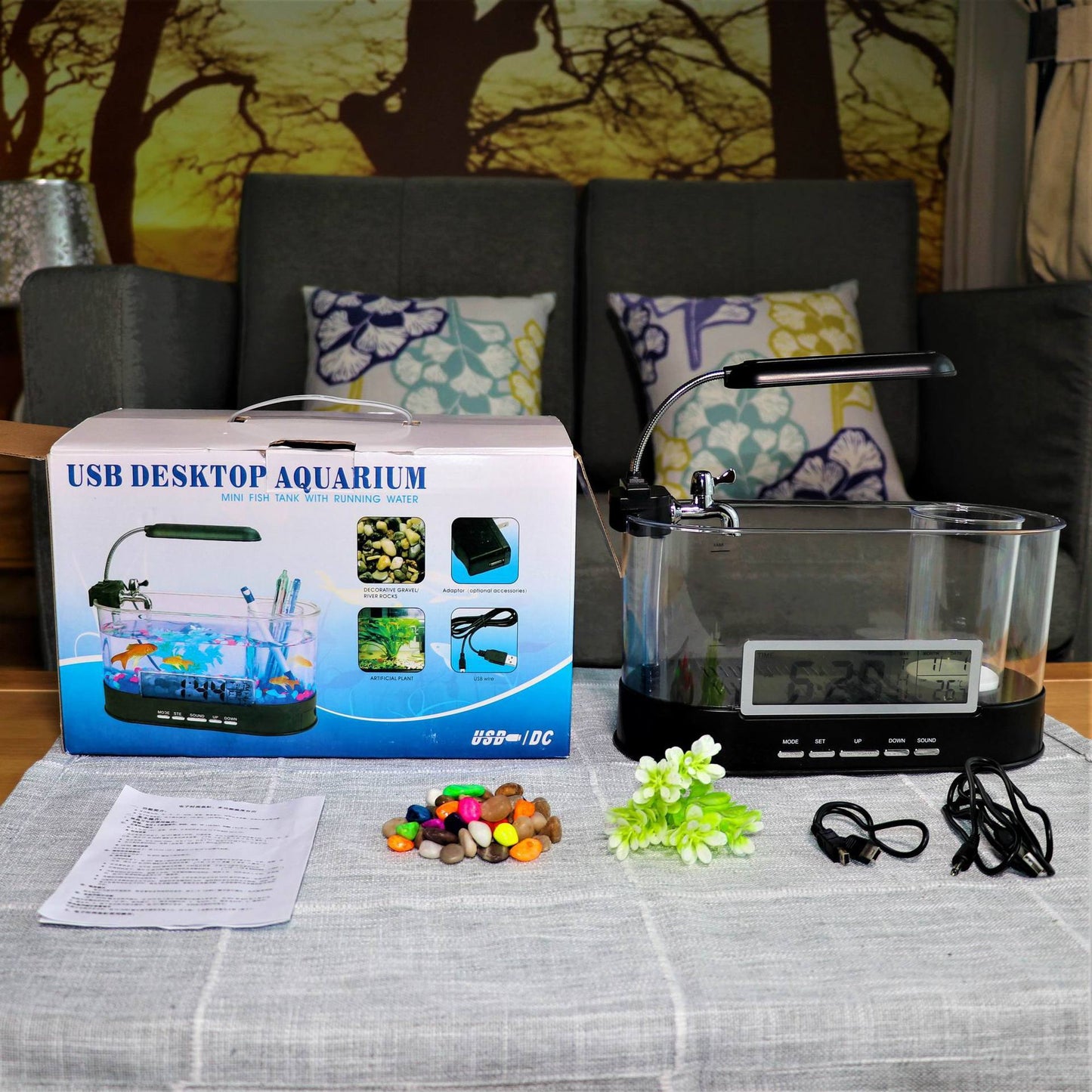 Mini Aquarium de Bureau USB Multifonction – Horloge, Réveil, Thermomètre et Porte-Stylo