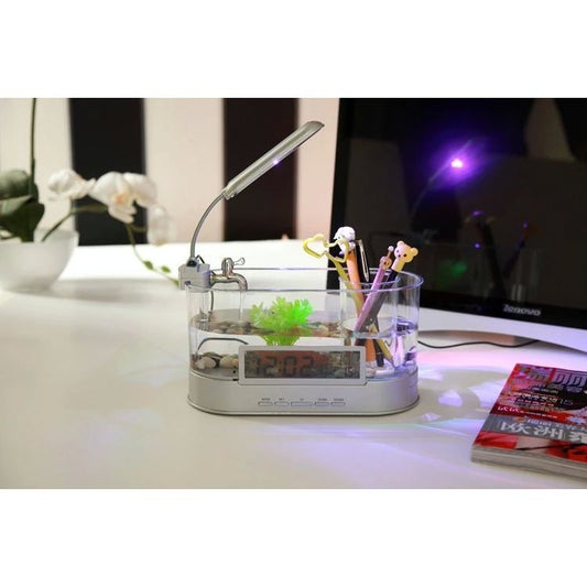 Mini Aquarium de Bureau USB Multifonction – Horloge, Réveil, Thermomètre et Porte-Stylo