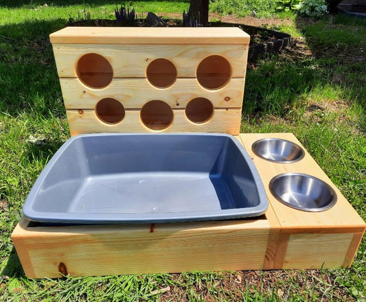 Combo mangeoire à foin 6 trous et bac à litière en bois pour lapins