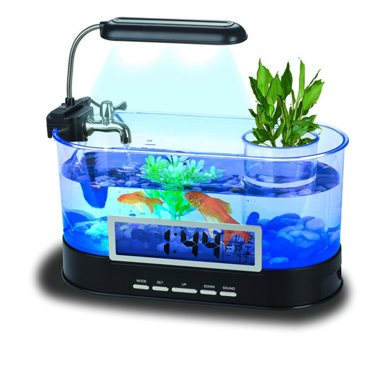 Mini Aquarium de Bureau USB Multifonction – Horloge, Réveil, Thermomètre et Porte-Stylo