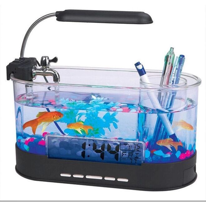 Mini Aquarium de Bureau USB Multifonction – Horloge, Réveil, Thermomètre et Porte-Stylo