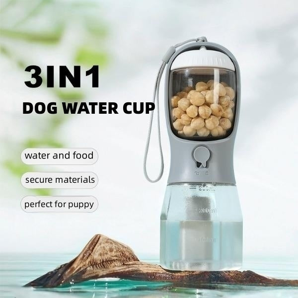 Bouteille multifonctionnel pour chien 3 en 1 (nourriture, eau, sacs a déchets)