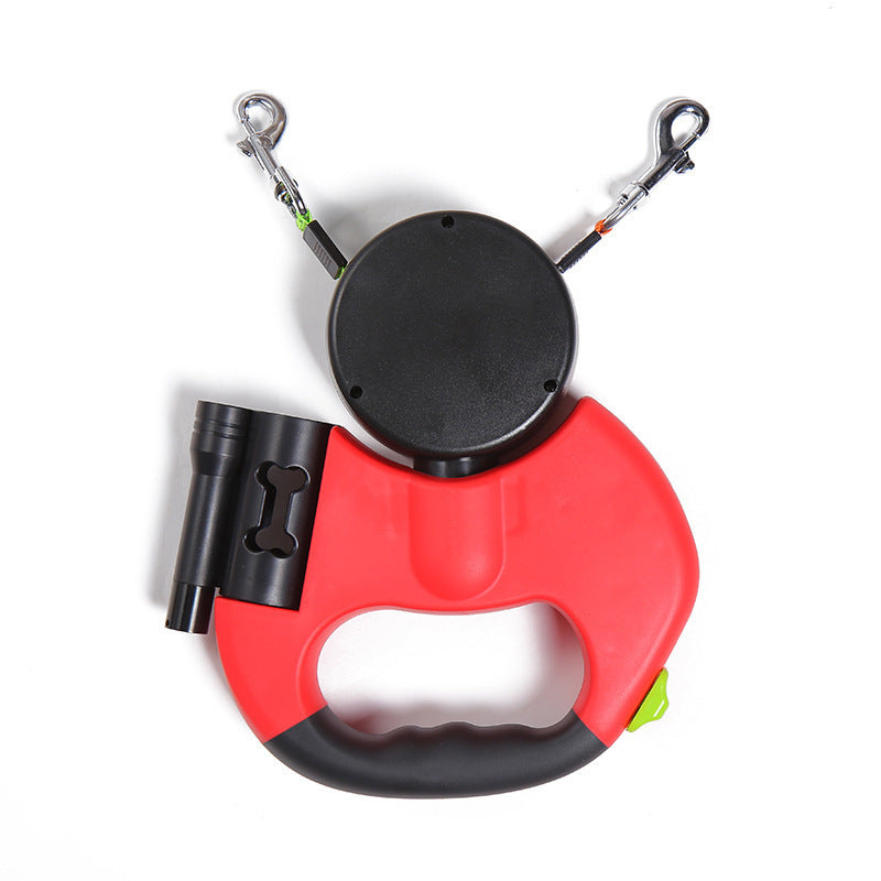 Laisse Rétractable Double pour Petits Chiens – 360° Anti-Nœuds, Réflective, avec Lumière & Distributeur de Sacs | Promenade Sécurisée 2 Chiens