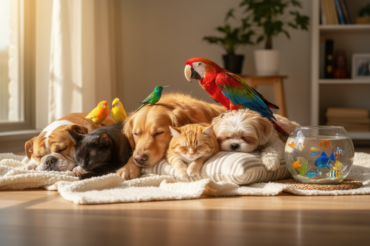 chats,chien,poissons,oiseau,colibri, perroquet qui se colle