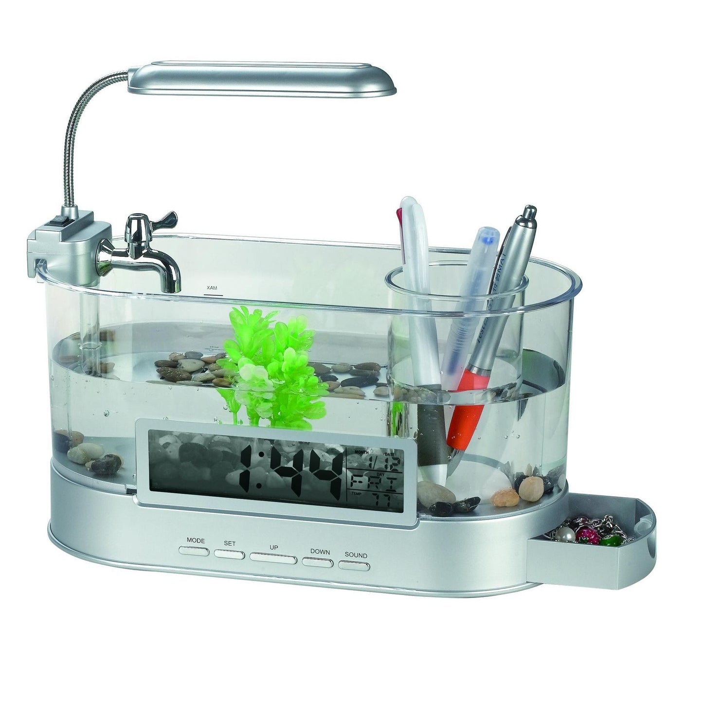 Mini Aquarium de Bureau USB Multifonction – Horloge, Réveil, Thermomètre et Porte-Stylo