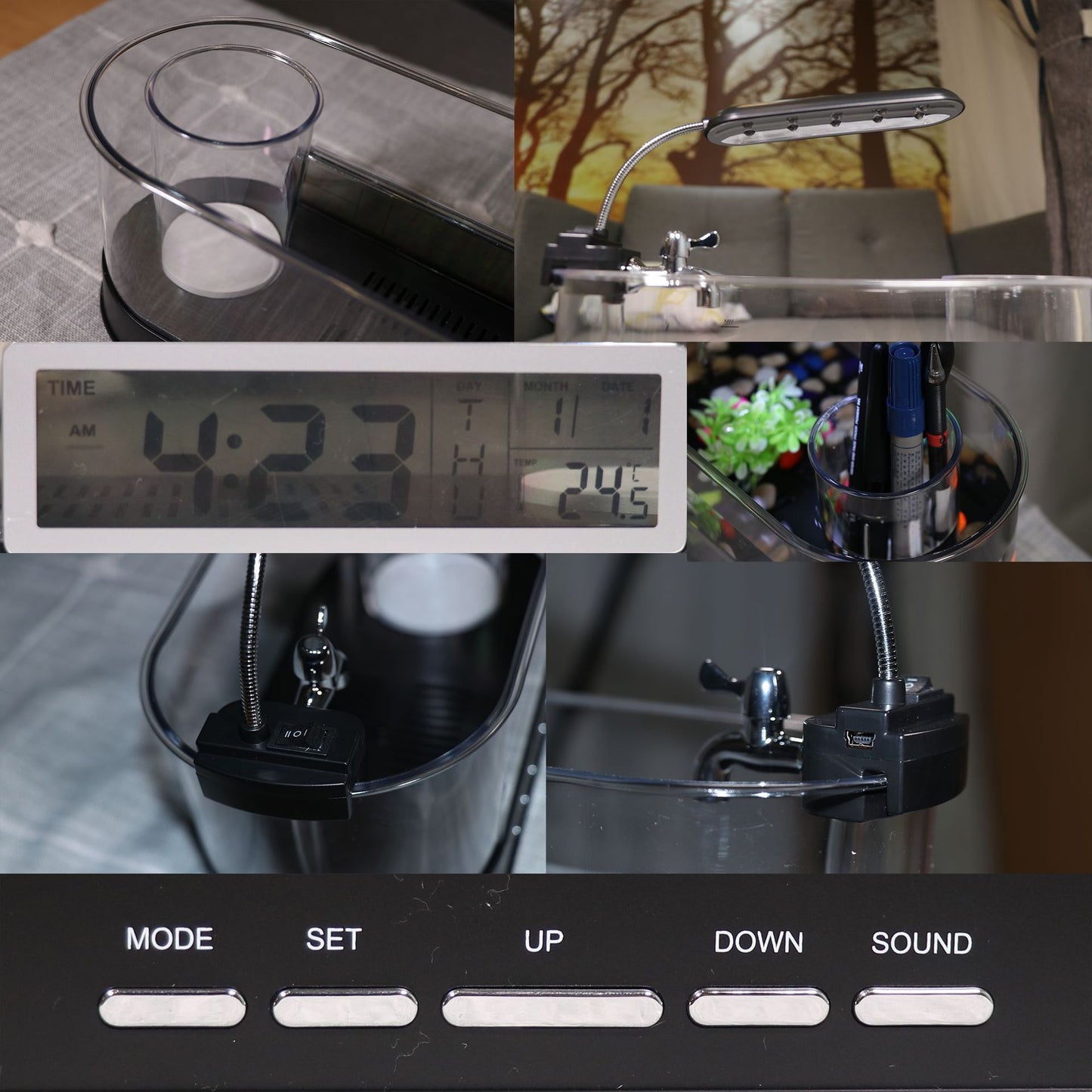Mini Aquarium de Bureau USB Multifonction – Horloge, Réveil, Thermomètre et Porte-Stylo